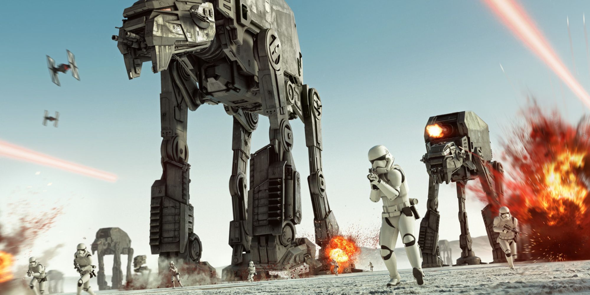 AT-M6 Walkers and Stormtroopers during a battle on Crait in Star Wars Battlefront 2.