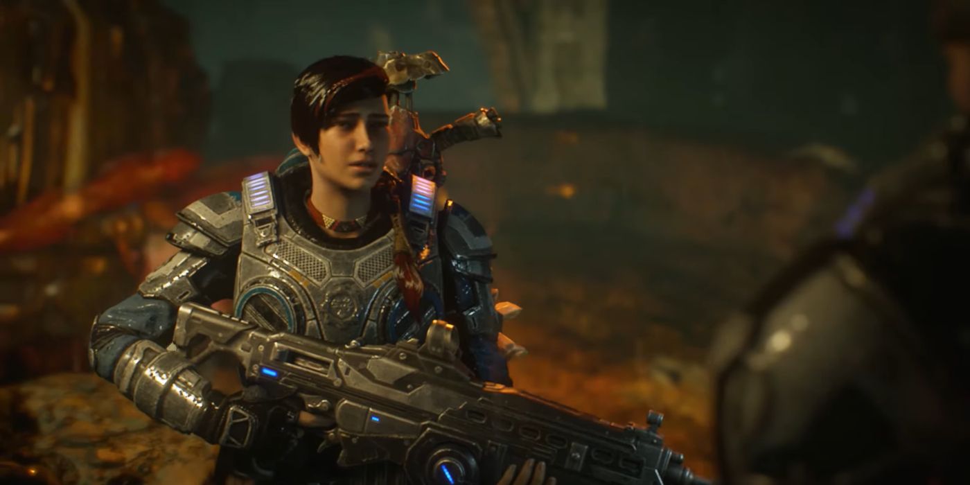 Gears 5 screenshot of Kait talking to Marcus.