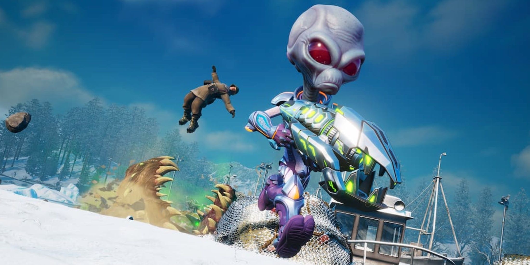 Destroy All Humans! 2: Reprobed screenshot of alien protagonist with the Burrow Beast feasting on a human in the background.