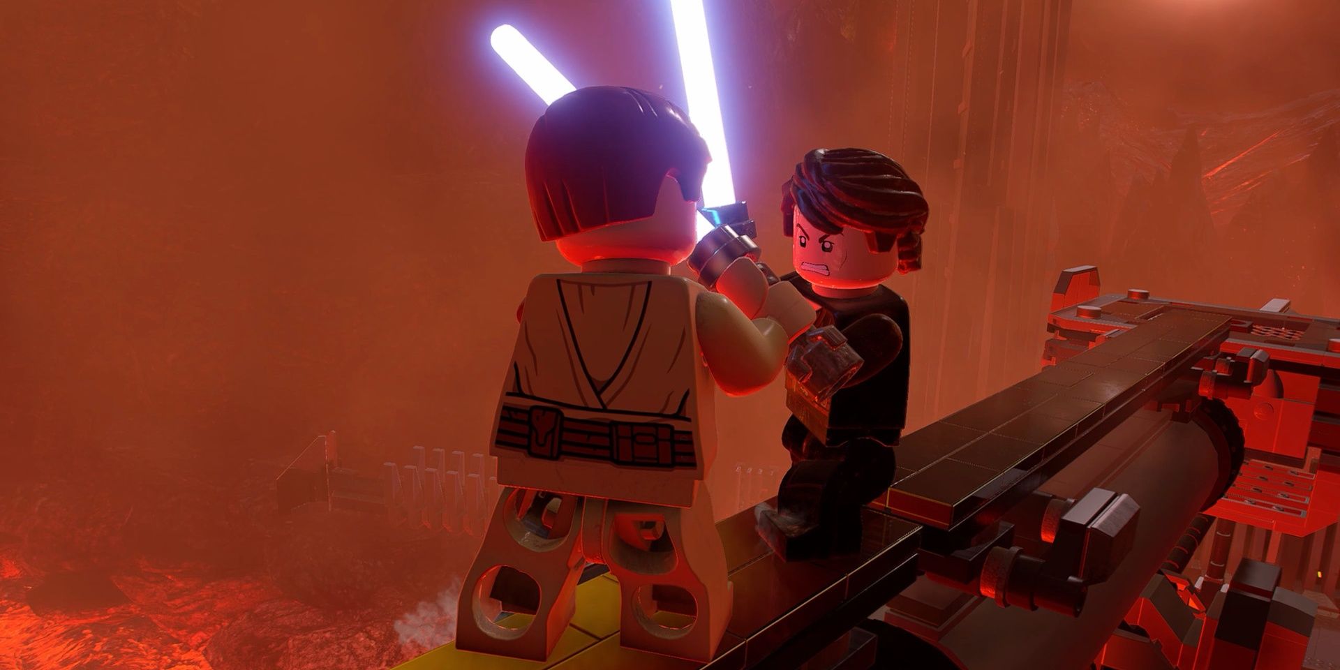 A screenshot showing Obi-Wan fighting Anakin in Mustafar in LEGO Star Wars: The Skywalker Saga.