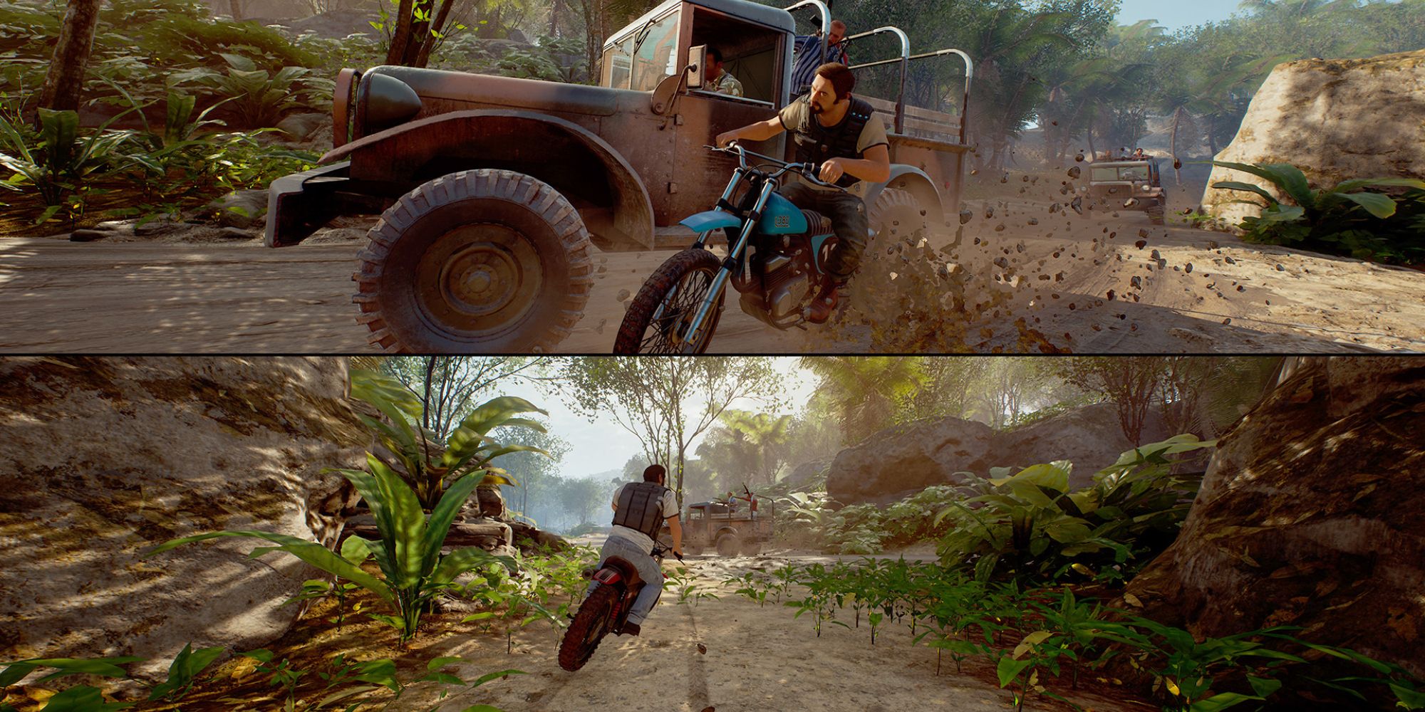 A Way Out screenshot of the two main characters escaping on dirt bikes.