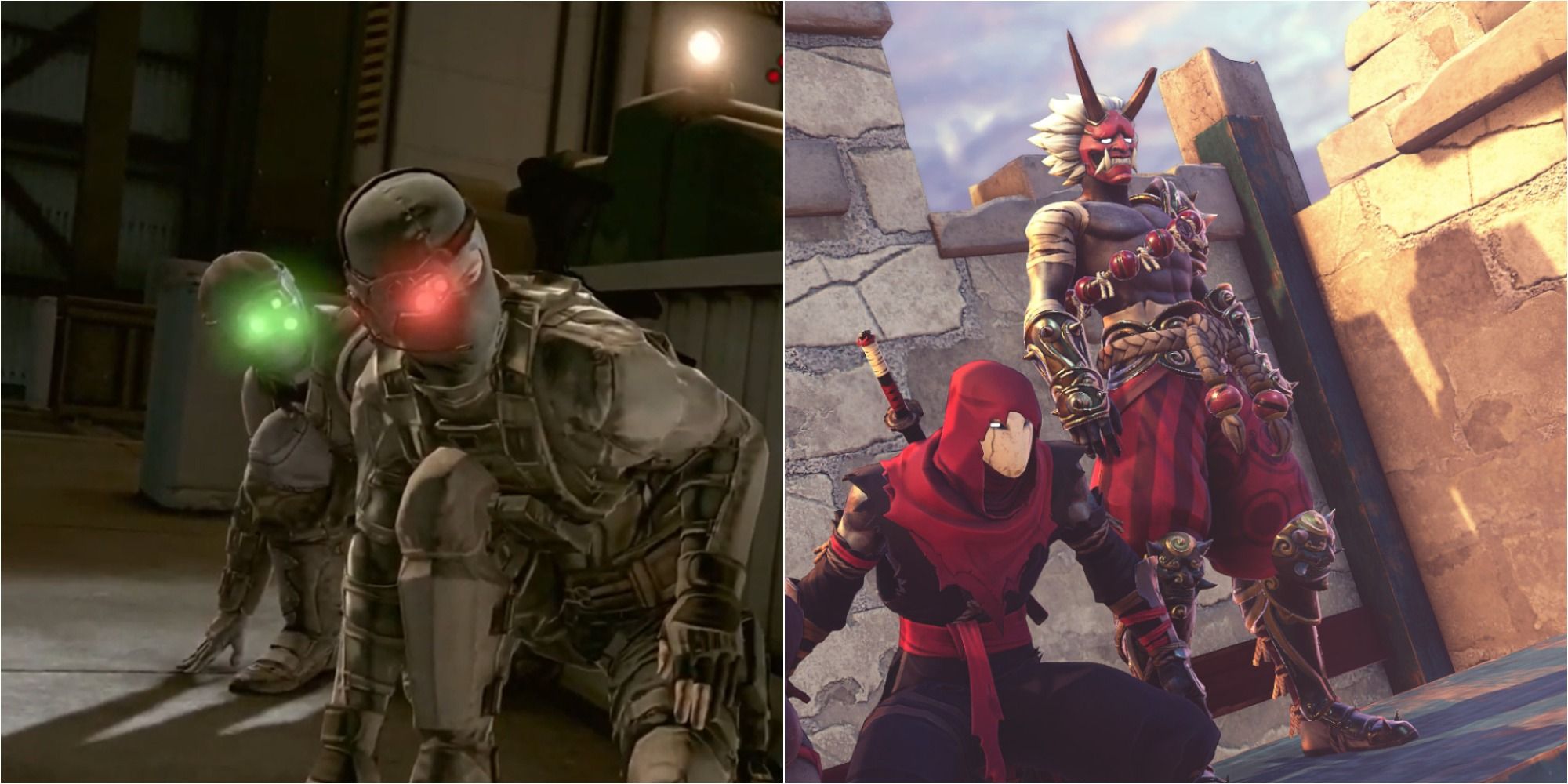 Best Stealth Games Featured Split Image Including Screenshots from Splinter Cell Conviction and Aragami 2