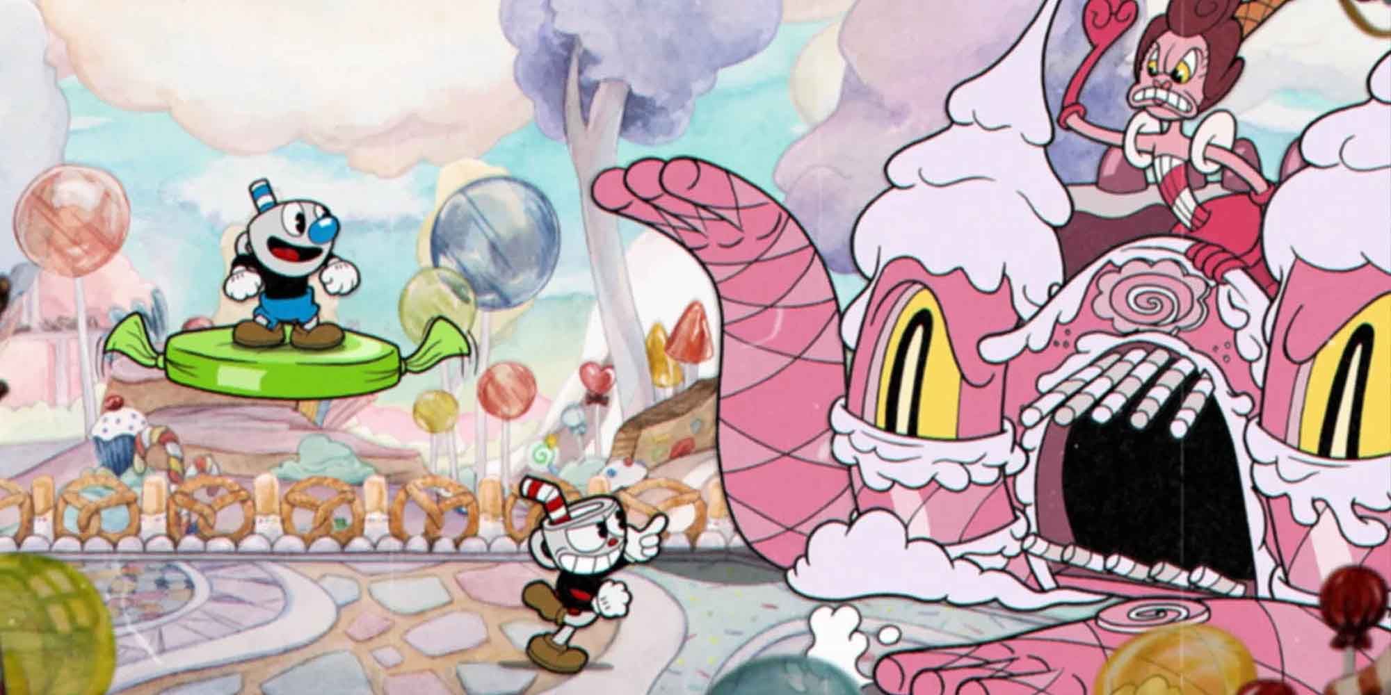 Cuphead and Mugman fighting Baroness Von Bon Bon and her evil castle.