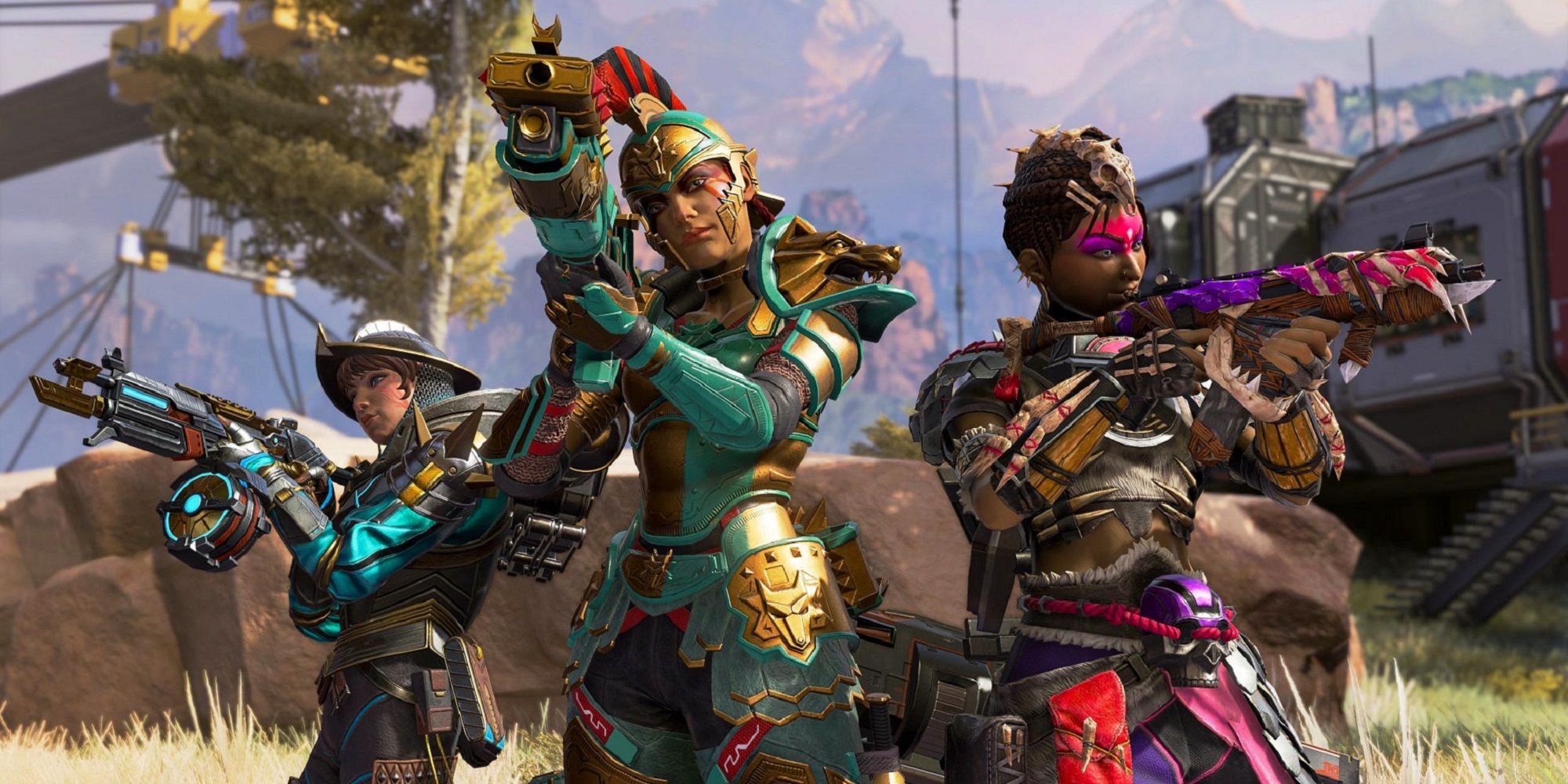 Loba, Wattson, and Bangalore in Apex Legends, stood together.