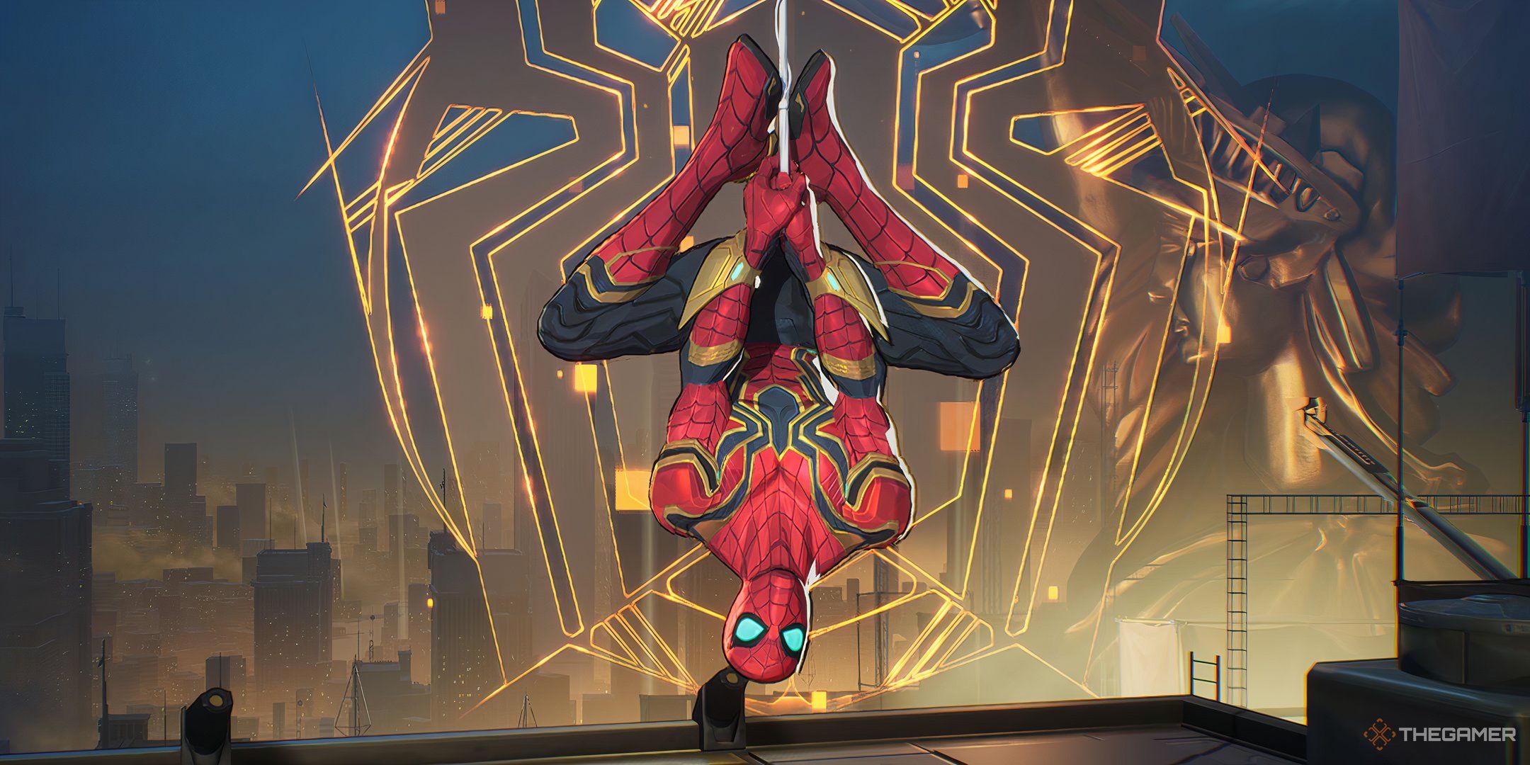 Spider-Man hanging on a web sling in Marvel Rivals.