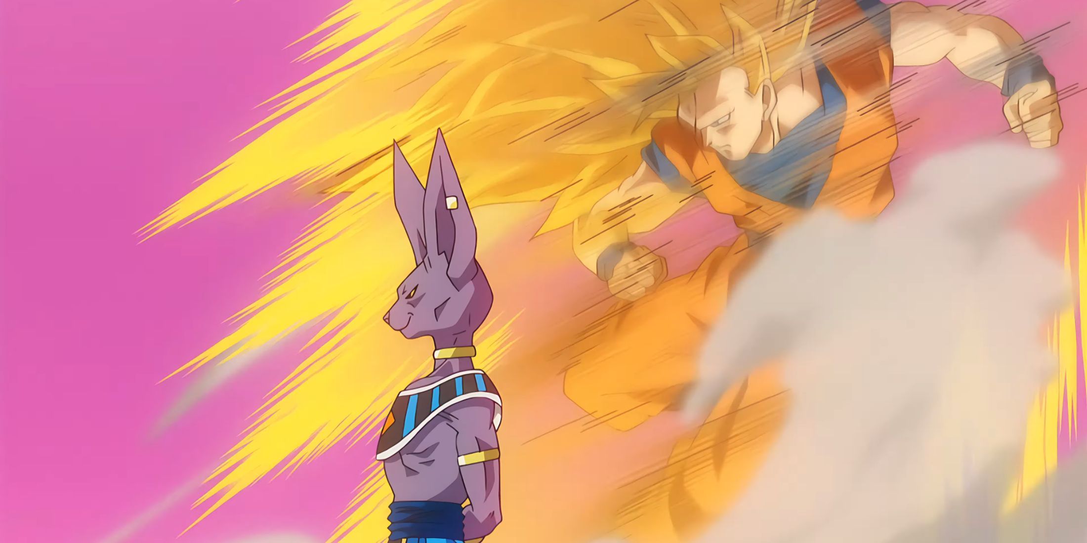 Beerus is completely unfazed by a Super Saiyan 3 Goku on King Kai's planet in Dragon Ball Z: Battle of Gods (2013)