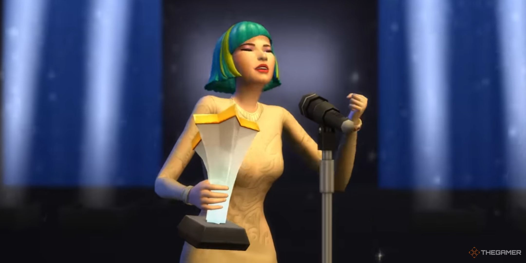 A female Sim recieves an award at a celebrity award show.