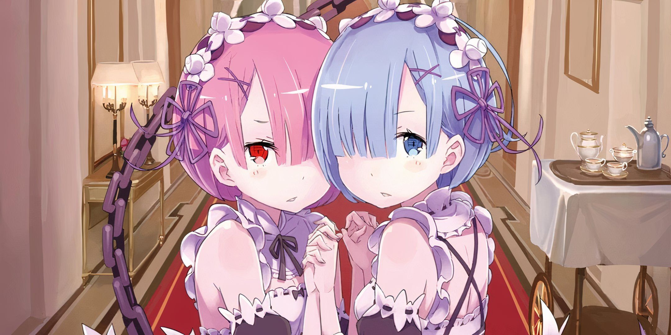 Rem and Ram holding each other's hands in ReZero.