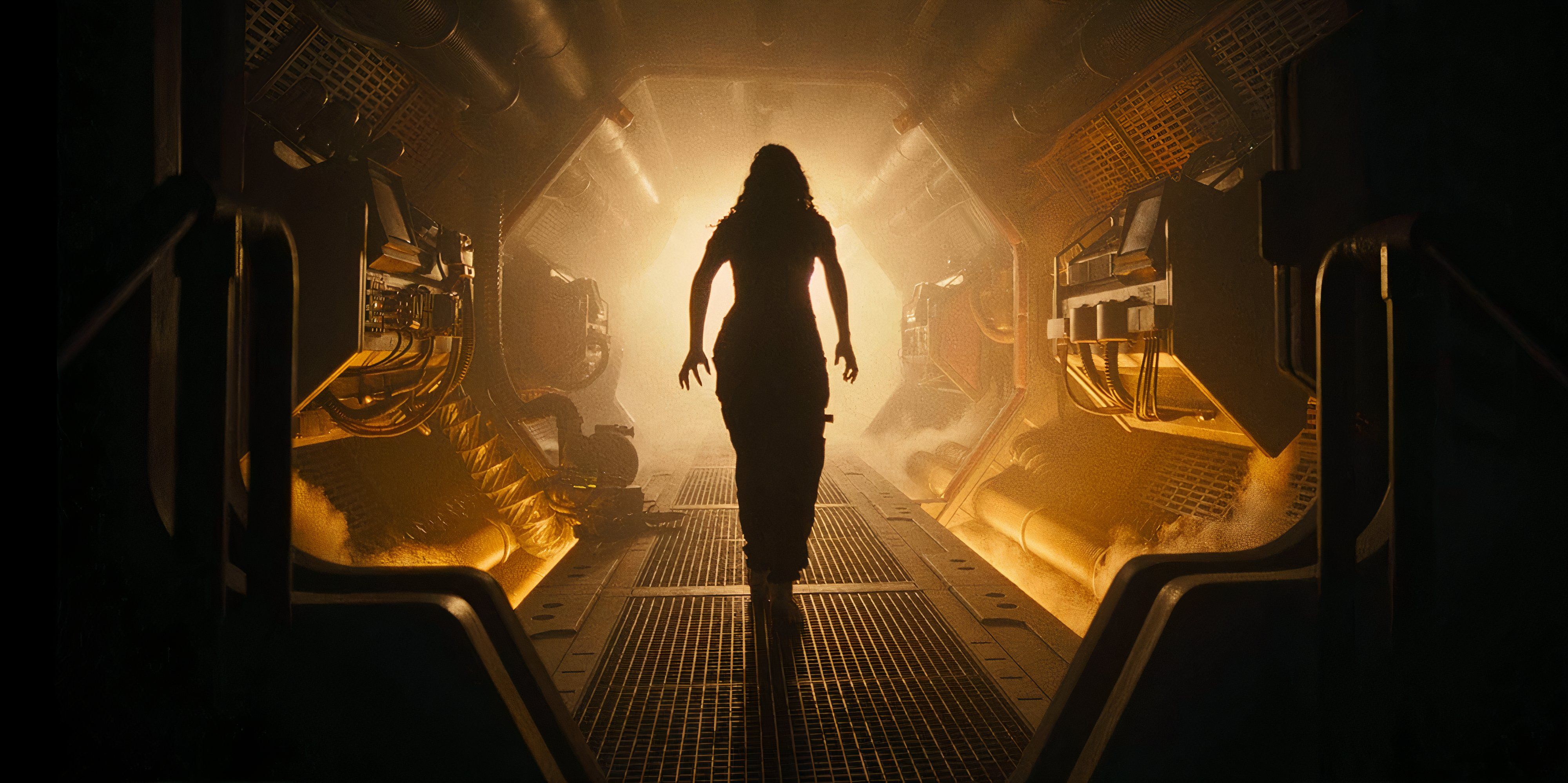 Every Alien Movie, Ranked A Woman is silhouetted by orange light