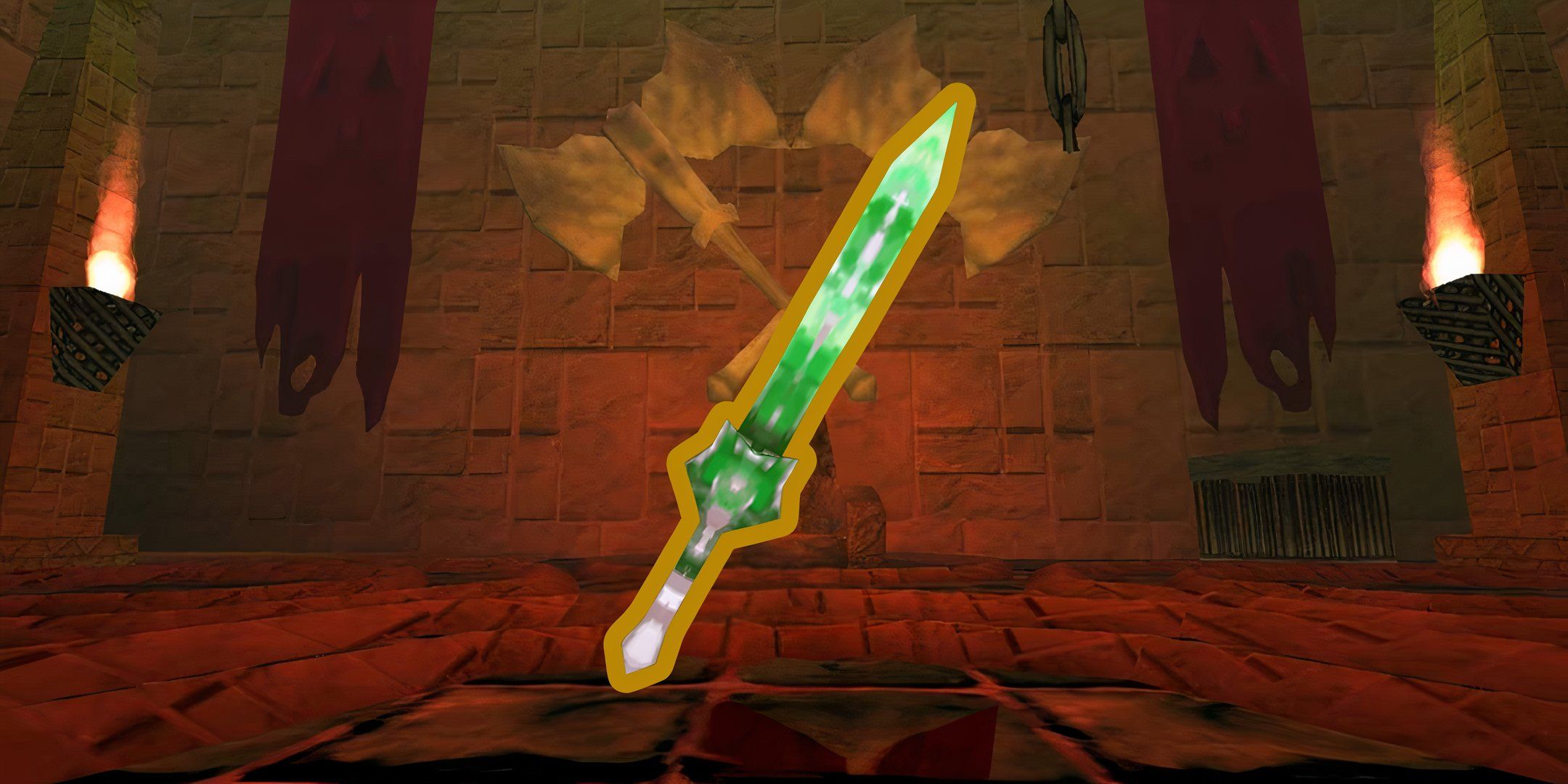 Image of Slimecrust Blade weapon from Atlyss with a dungeon background.