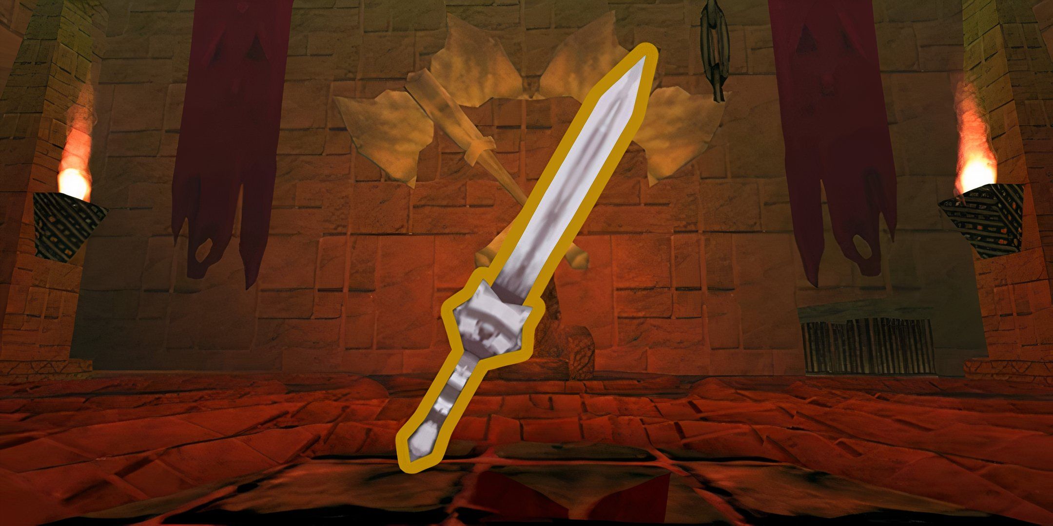 Image of Iron Sword weapon from Atlyss with a dungeon background.