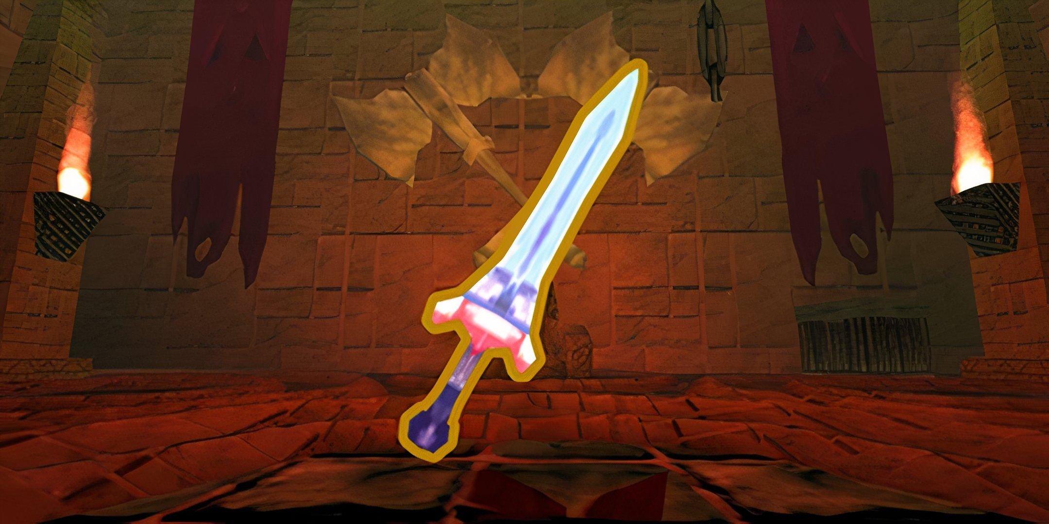 Image of Gilded Sword weapon from Atlyss with a dungeon background.