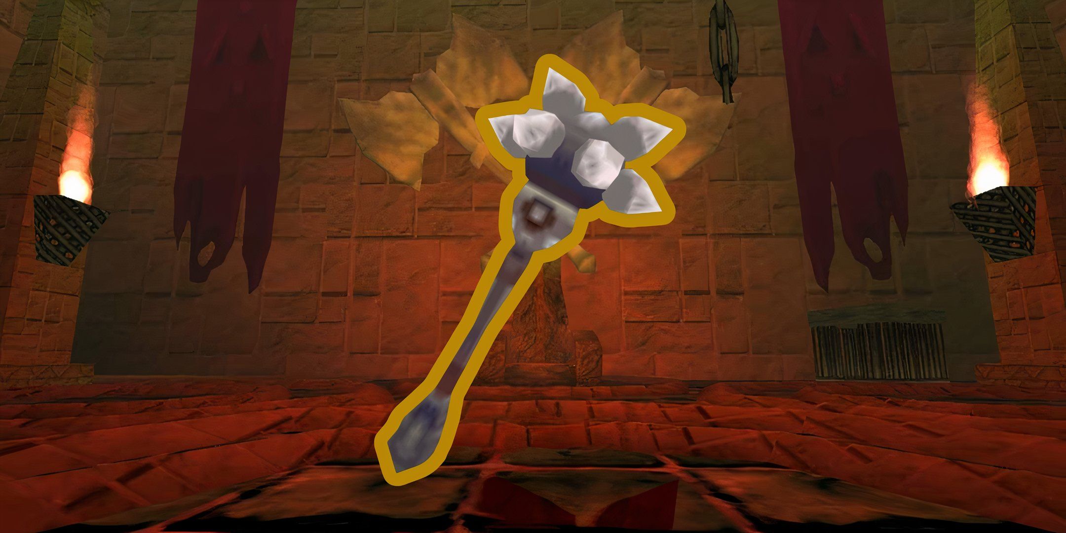 Image of Dawn Mace weapon from Atlyss with a dungeon background.