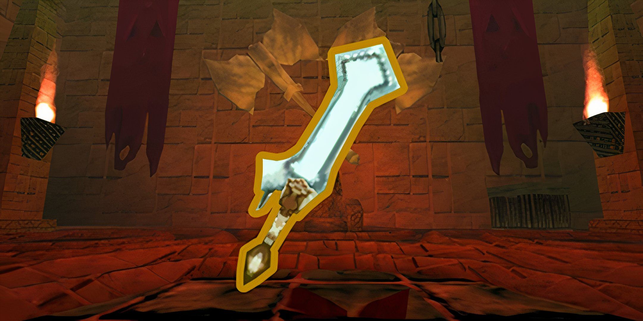 Image of Demicrypt Blade weapon from Atlyss with a dungeon background.