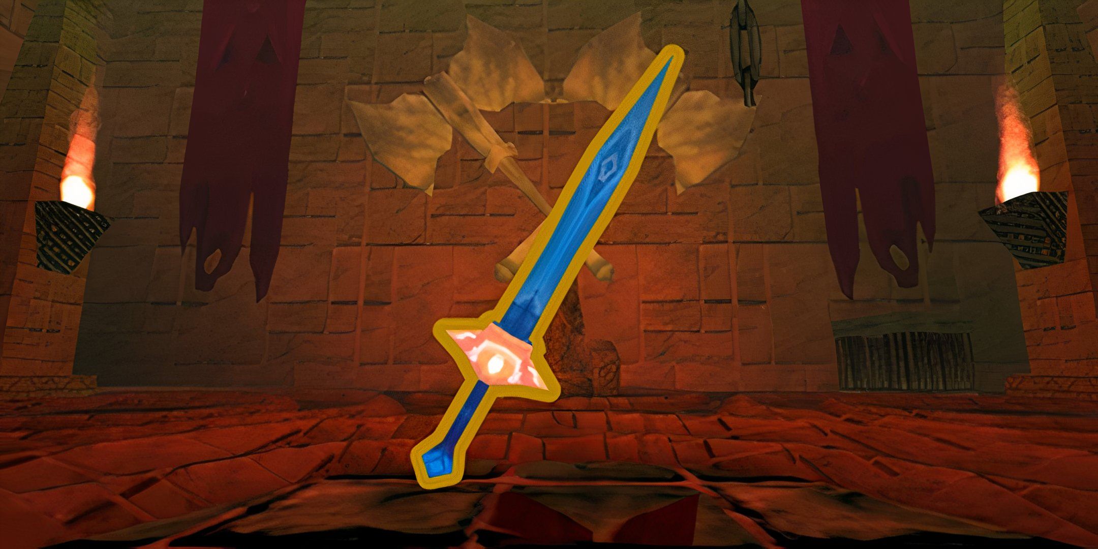 Image of Mithril Sword weapon from Atlyss with a dungeon background.