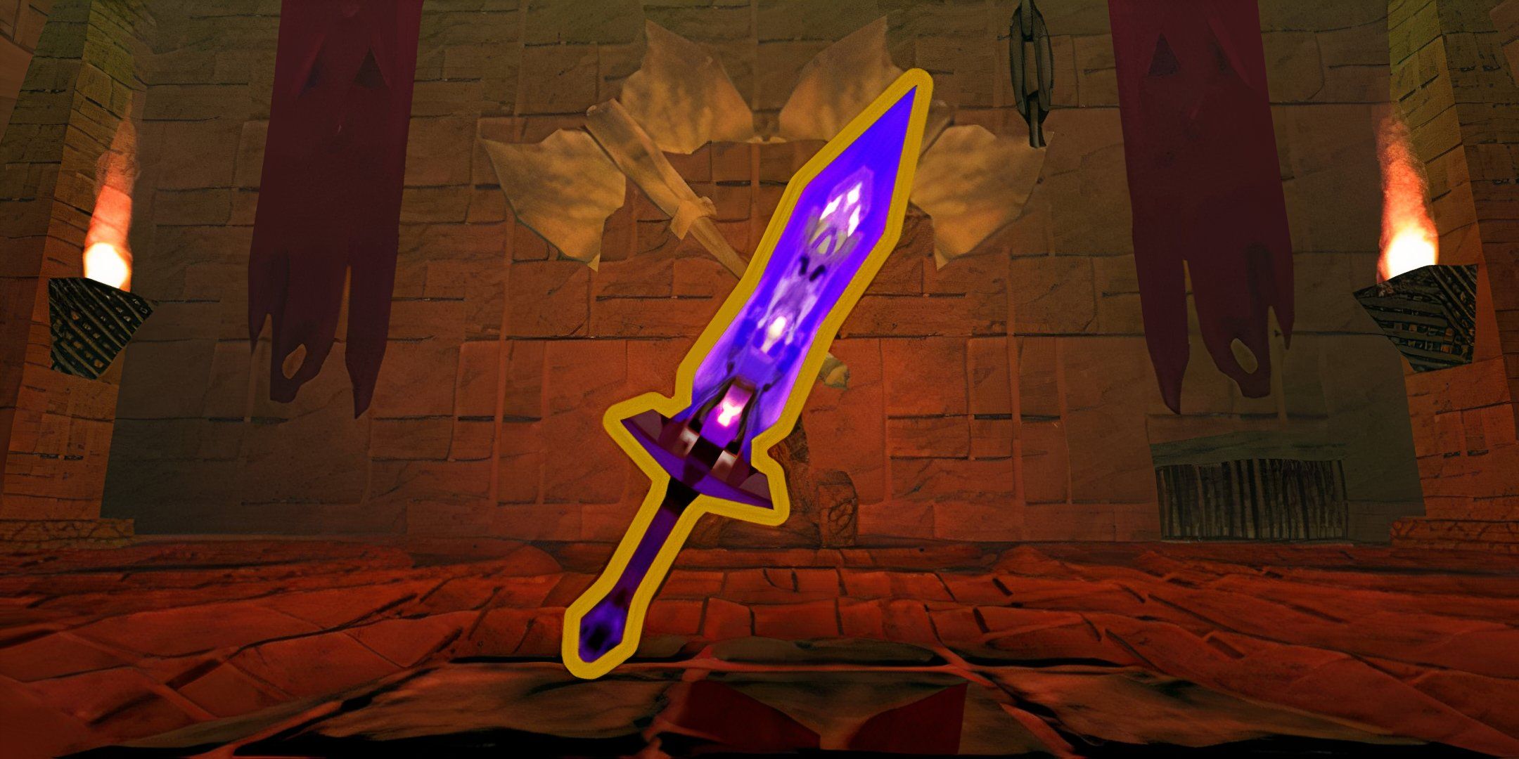 Image of Vile Blade weapon from Atlyss with a dungeon background.