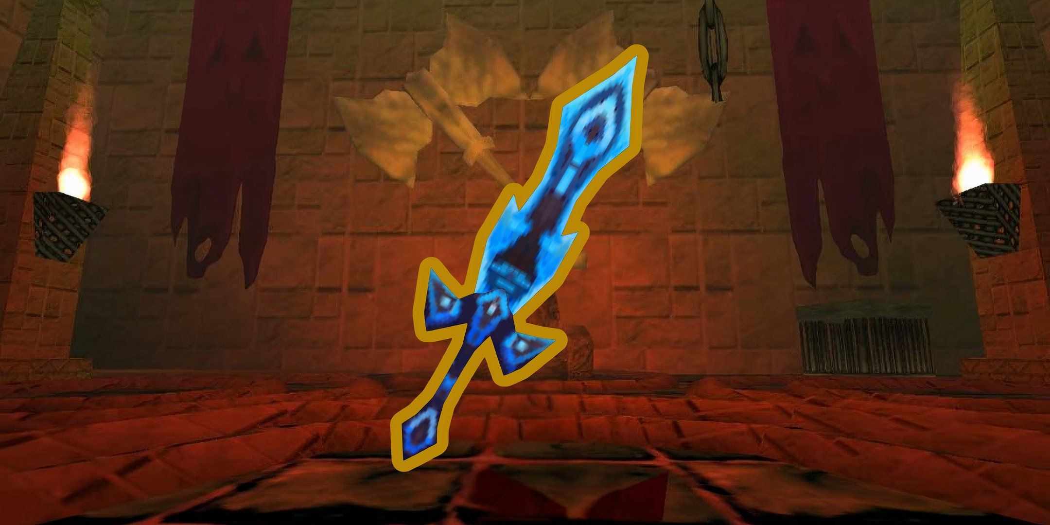 Image of Coldgeist Blade weapon from Atlyss with a dungeon background.