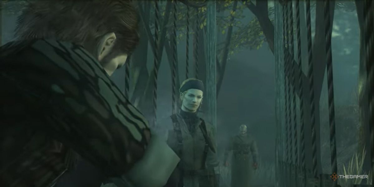 Naked Snake faces The Boss with Volgin in the background, in Metal Gear Solid 3.