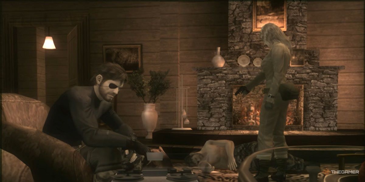 Eva points a gun at a sleeping Snake as a memory, while the real-time Snake sits smoking a cigar in Metal Gear Solid 3.