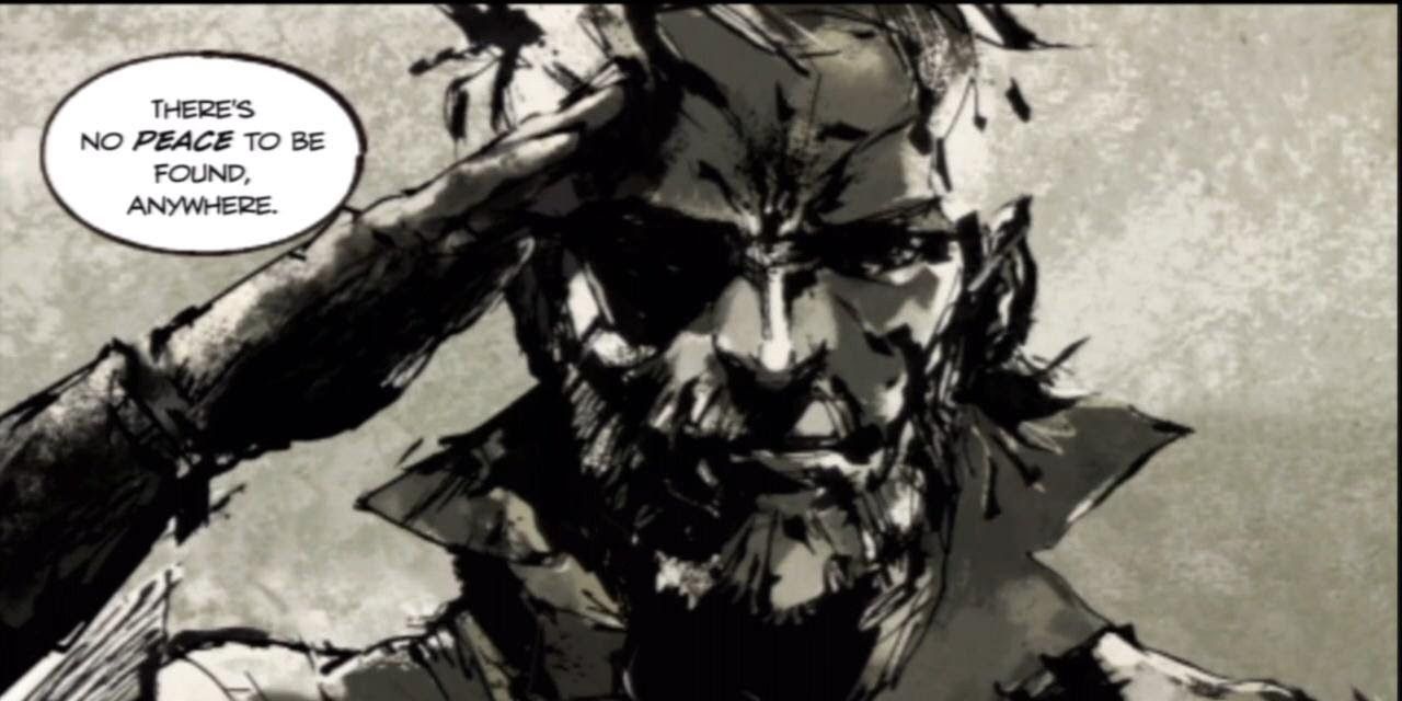 Big Boss saying, "There's no peace to be found, anywhere," while saluting in Metal Gear Solid: Portable Ops