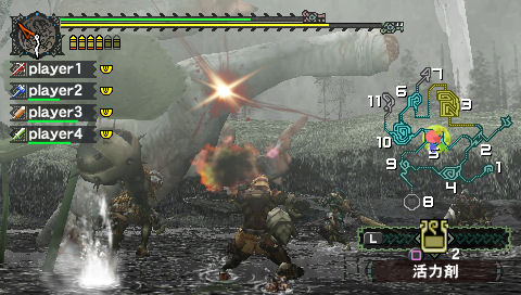 Battling a monster in knee-high water in Monster Hunter Freedom, alongside three other players