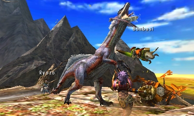 Two players grapple with a dinosaur looking beast in Monster Hunter 4 Ultimate