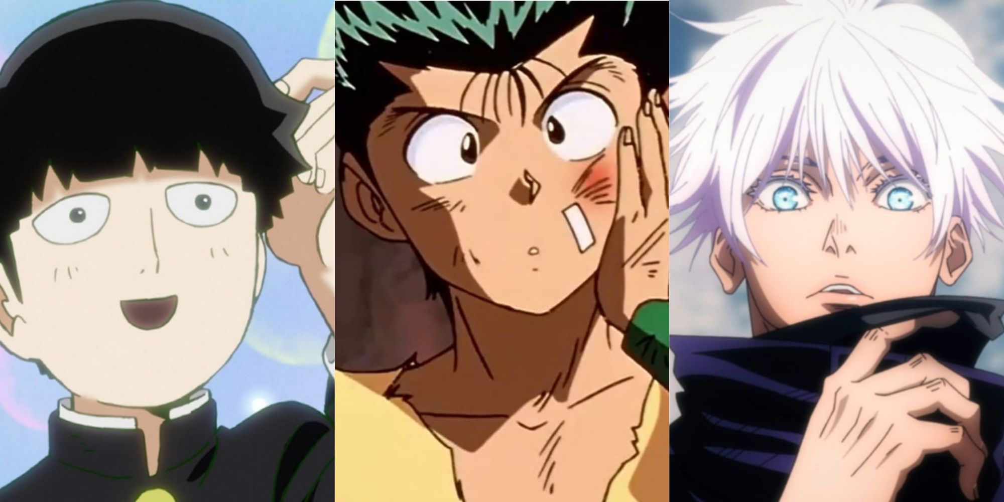 Three ghost-hunting characters from Mob Psycho 100, Yu Yu Hakusho, and Jujutsu Kaisen