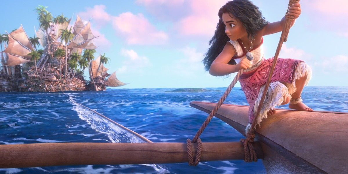 Moana on her boat in Moana 2