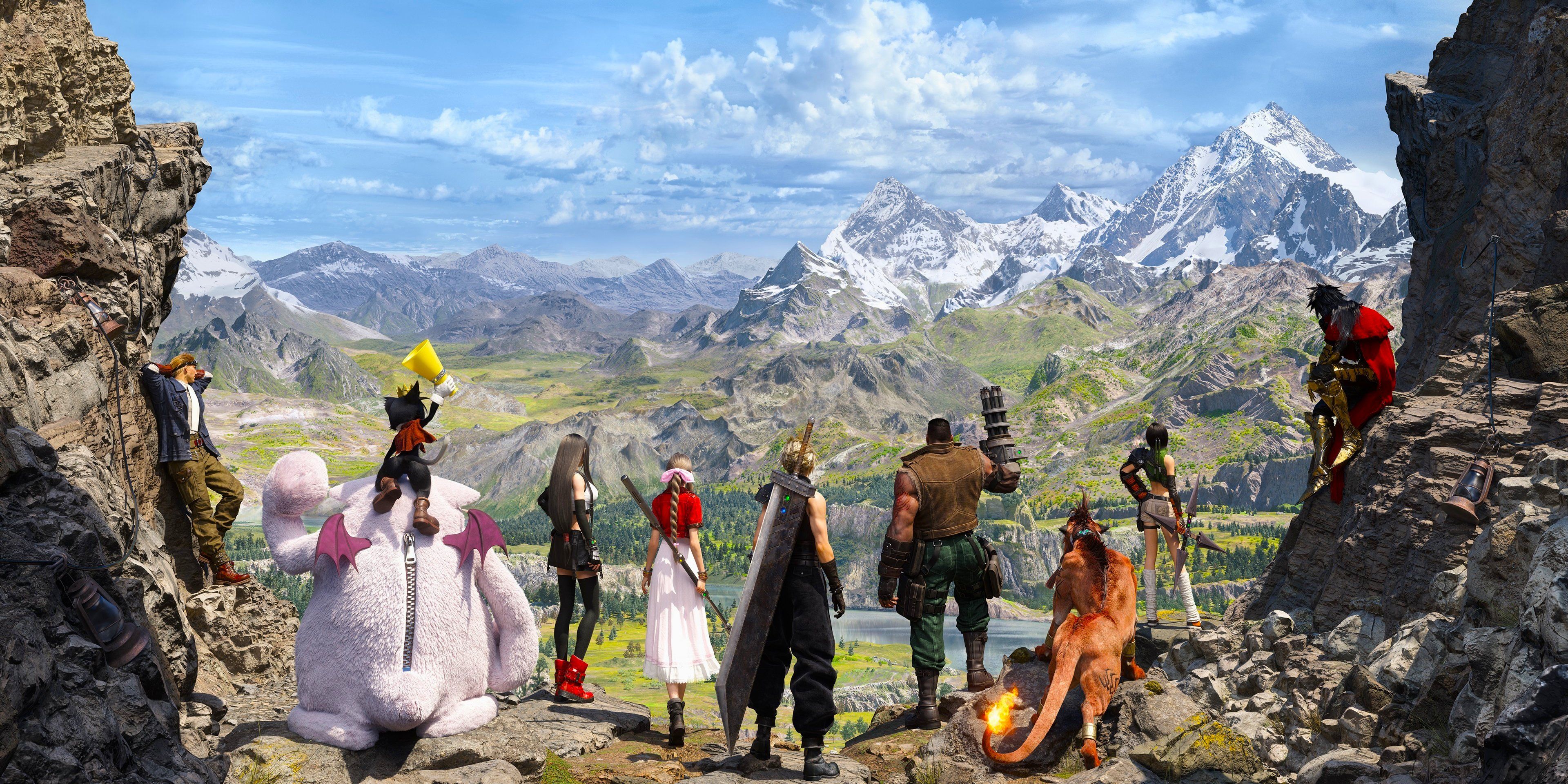 Cloud and his party looking out over a vast region in Final Fantasy 7 Rebirth.