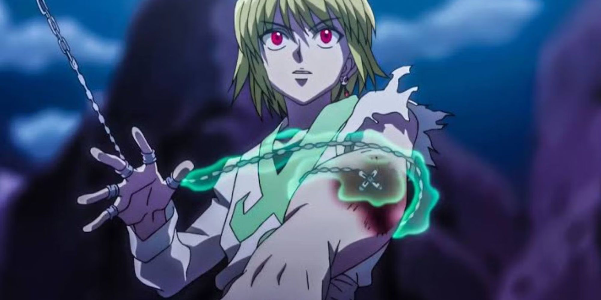 Kurapika using his chains while his are scarlet eyes activated in Hunter x Hunter