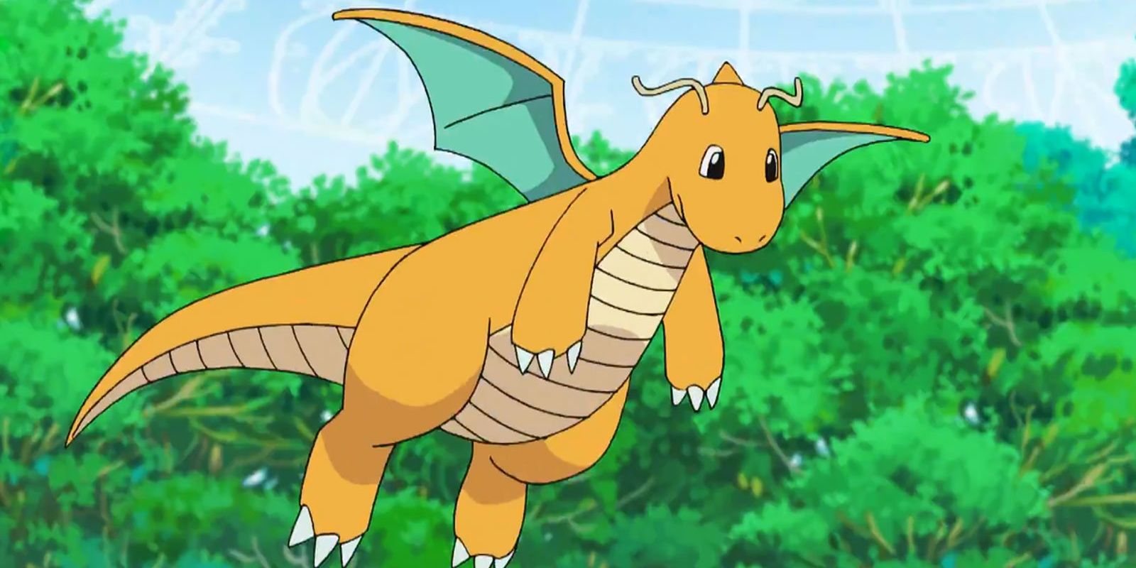 Dragonite flying through the trees in the Pokemon anime