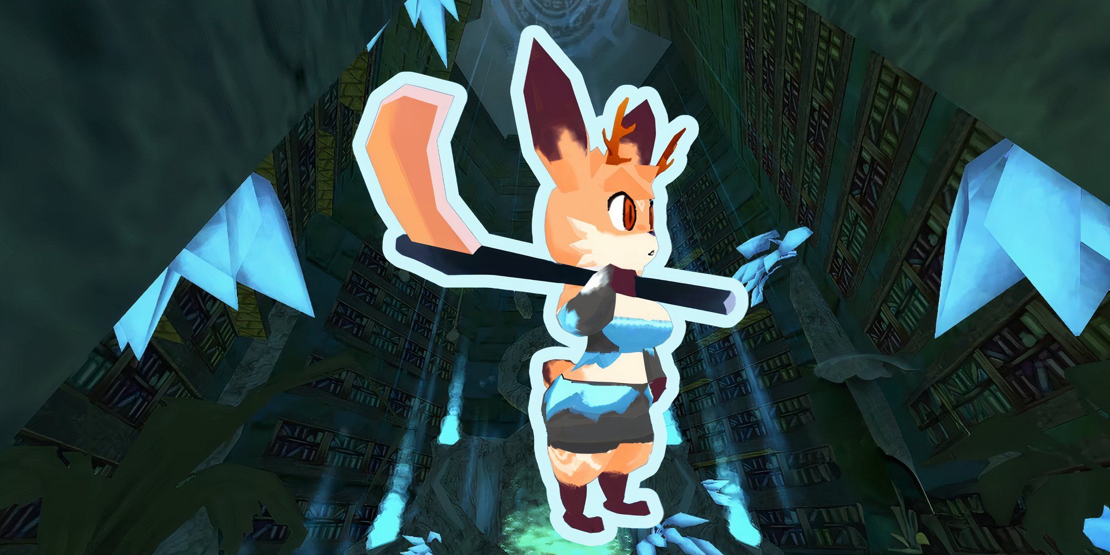 Image of Atlyss fox character holding the Mini Geist Scythe heavy melee weapon.