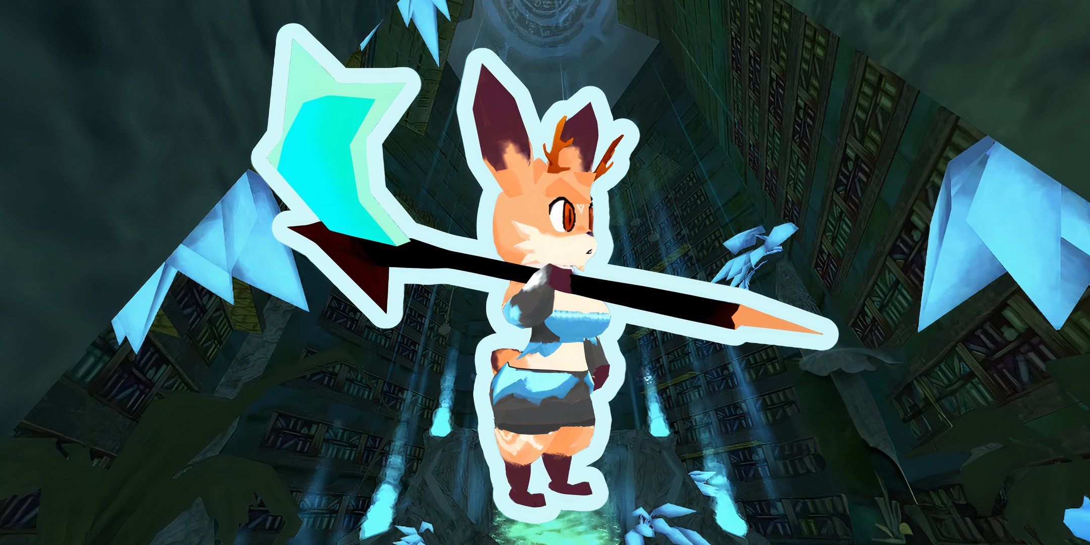 Image of Atlyss fox character holding the Geist Scythe heavy melee weapon.