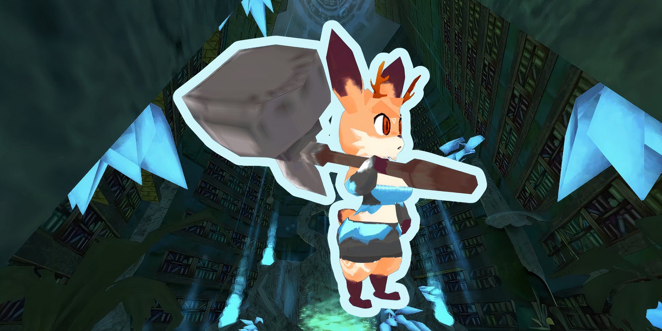 Image of Atlyss fox character holding the Iron Axehammer heavy melee weapon.