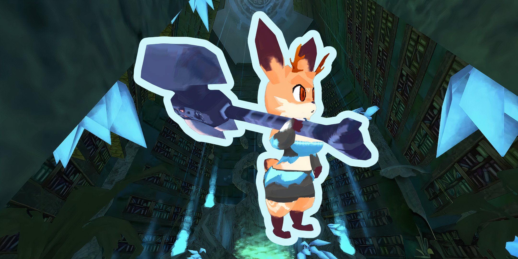 Image of Atlyss fox character holding the Crypt Pounder heavy melee weapon.