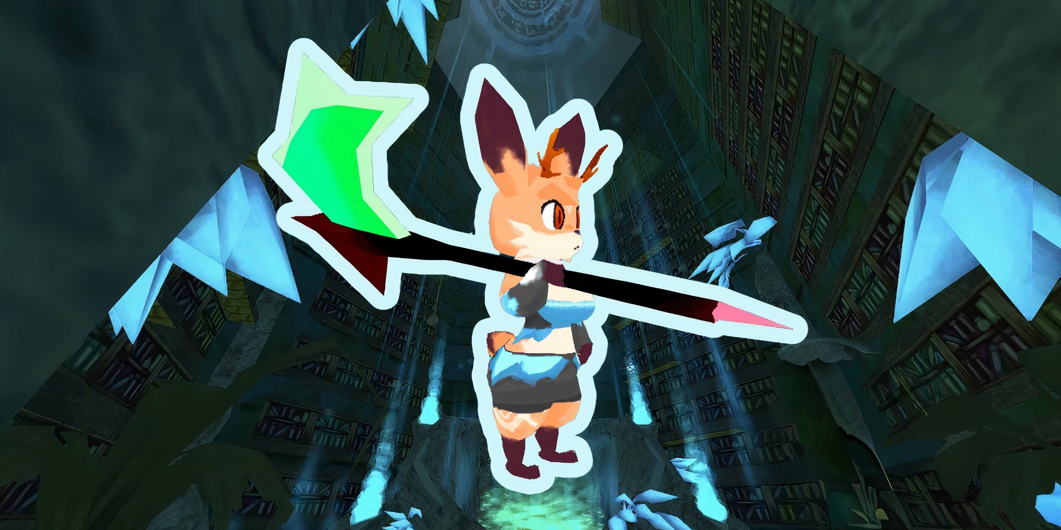 Image of Atlyss fox character holding the Poltergeist Scythe heavy melee weapon.