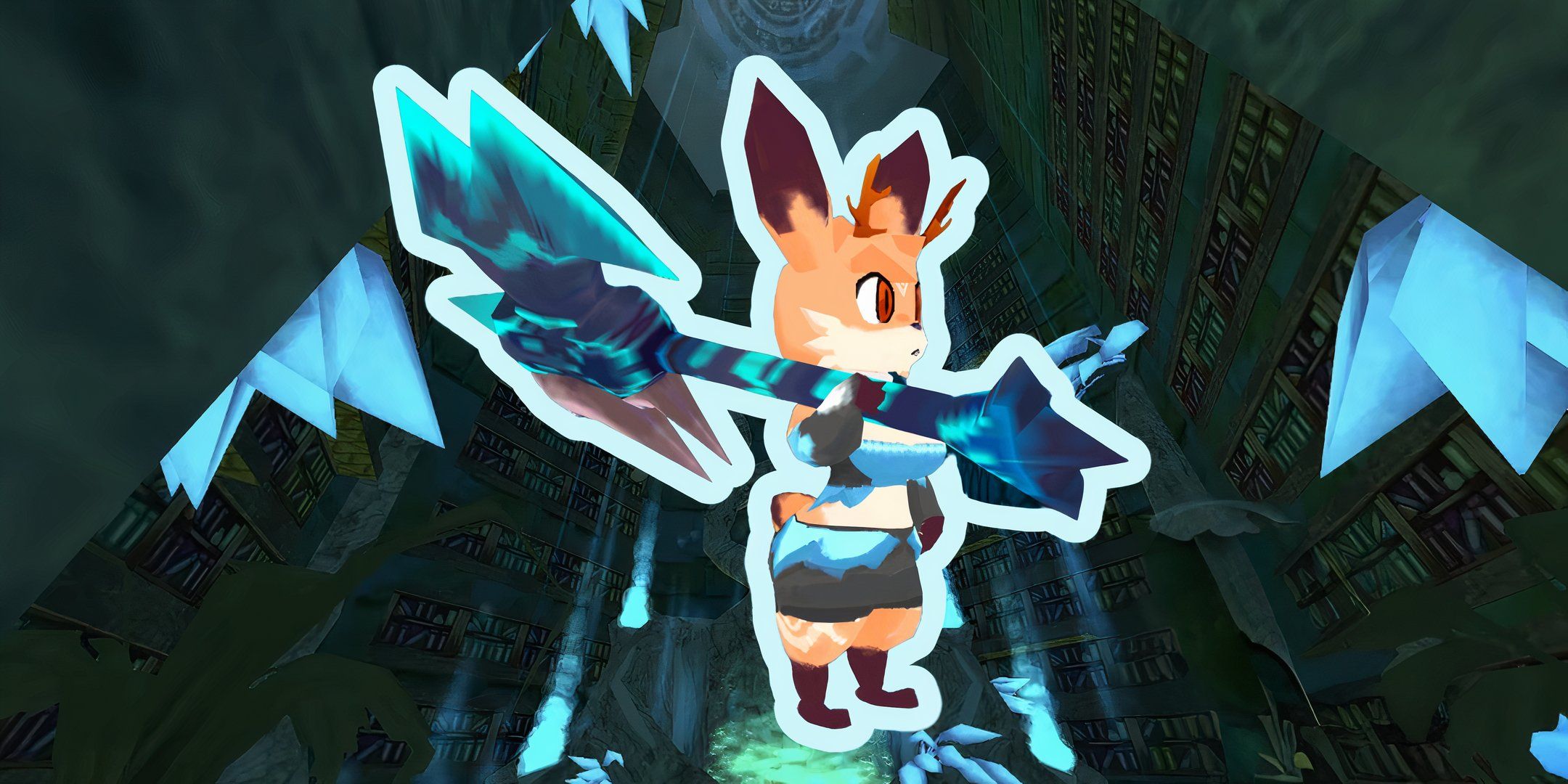 Image of Atlyss fox character holding the Coldgeist Punisher heavy melee weapon.