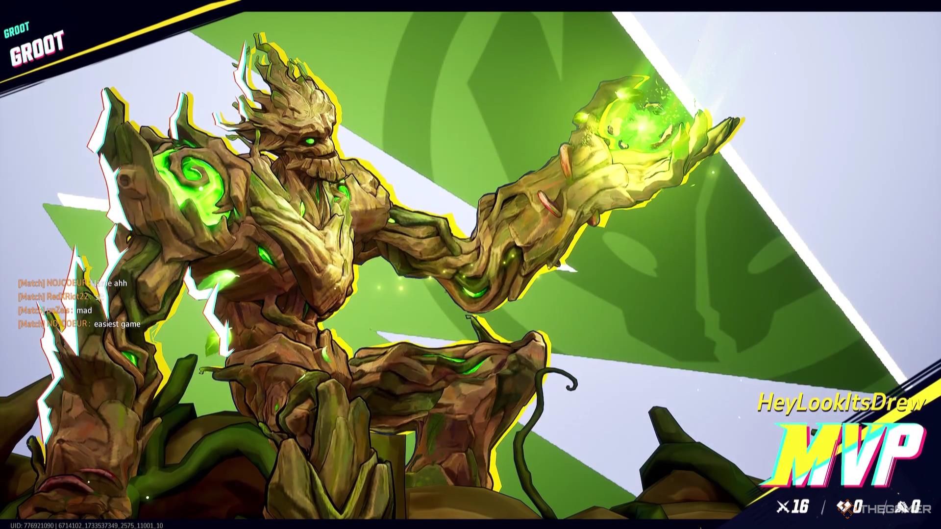 Groot wins the MVP award in a match of Marvel Rivals.