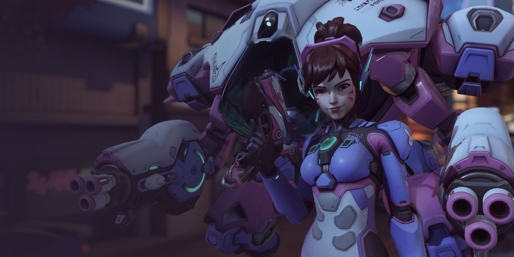 D.Va standing outside of her mech, pistol drawn.