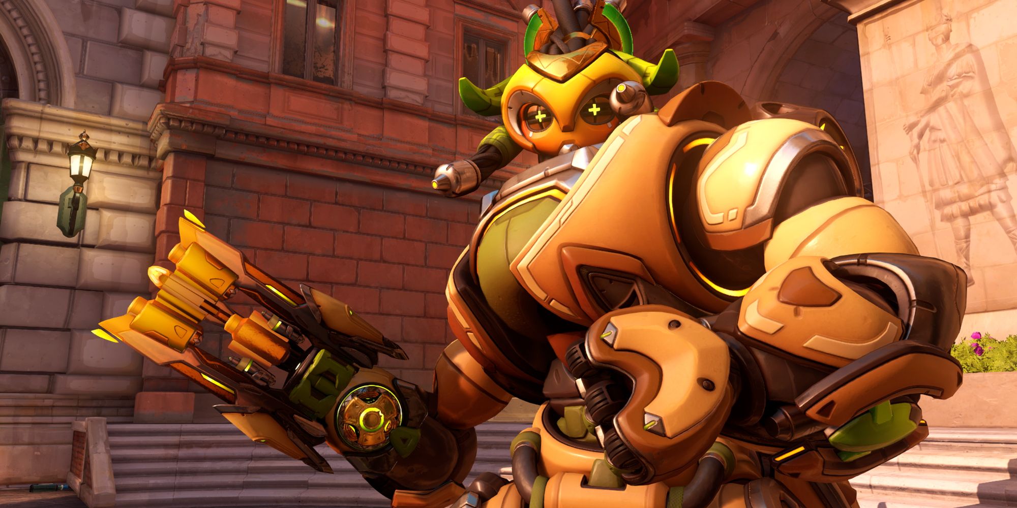 Orisa in Overwatch 2 posing with their chain gun angled.