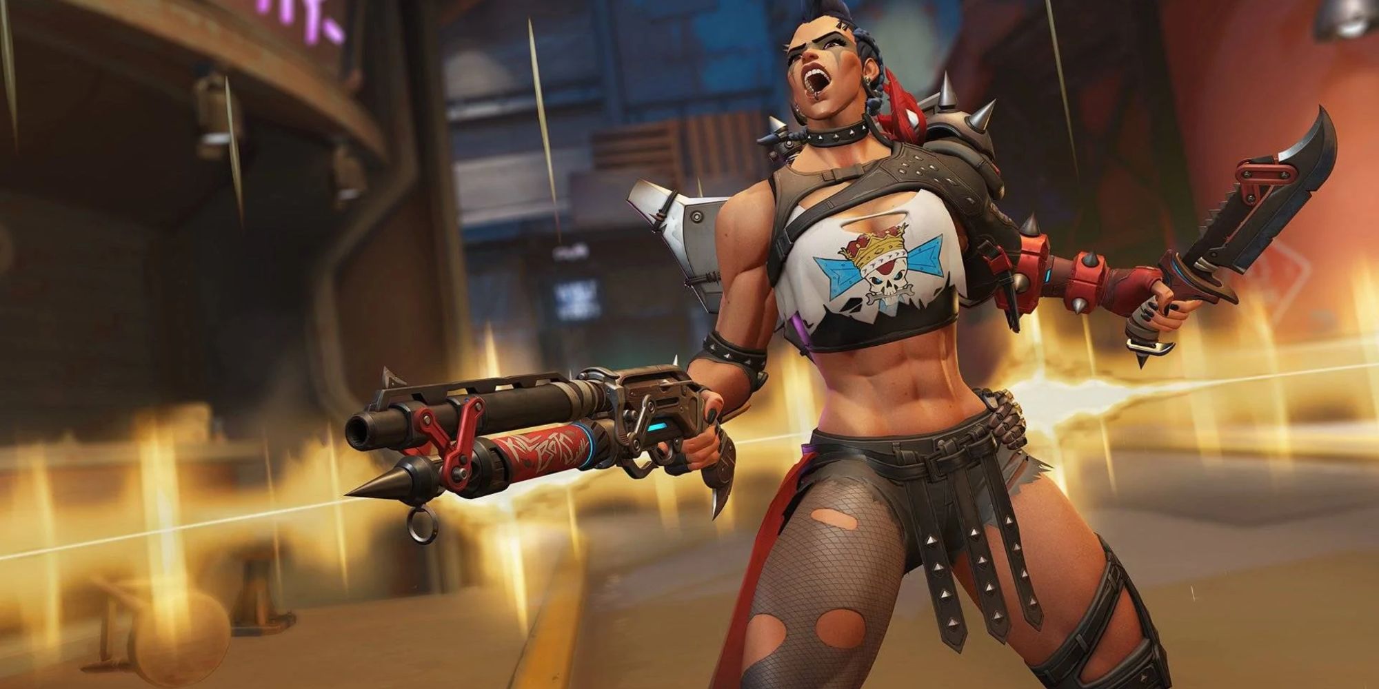 Junker Queen in Overwatch 2 blasting with a shotgun and holding a knife while shouting.