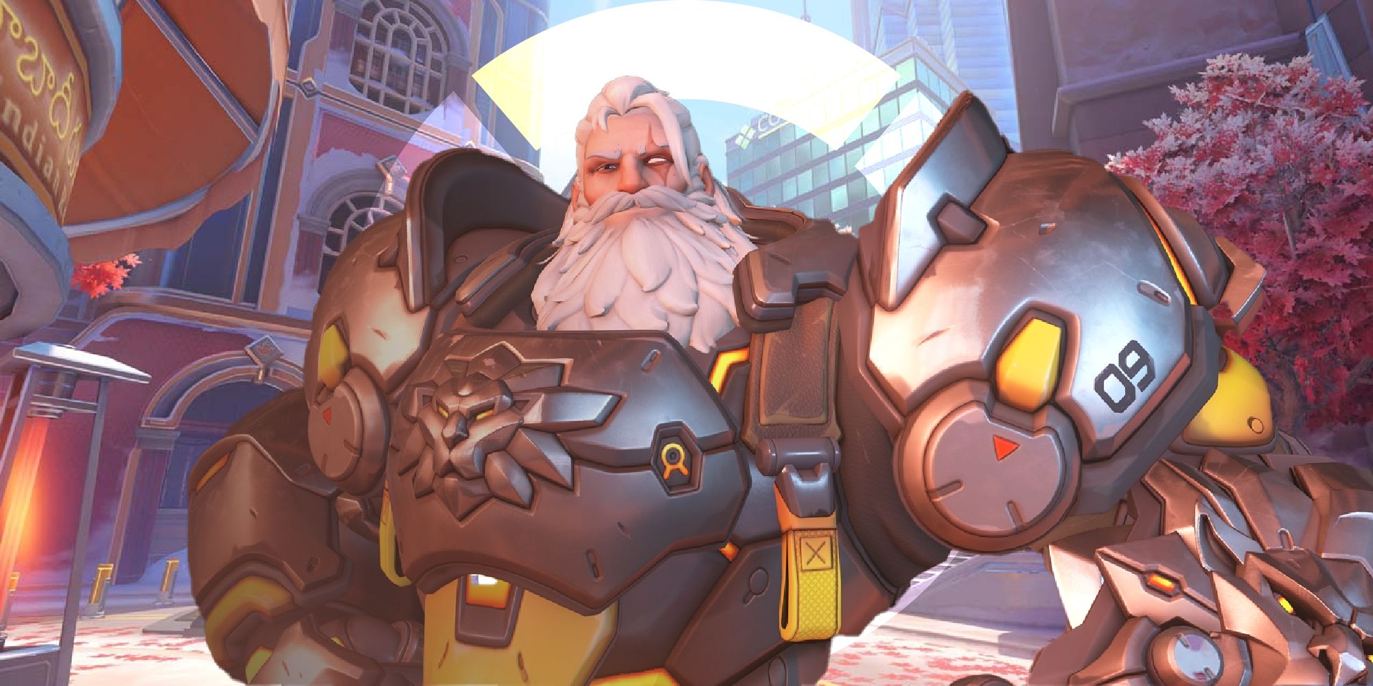 Reinhardt posing with his helmet off in Overwatch 2.