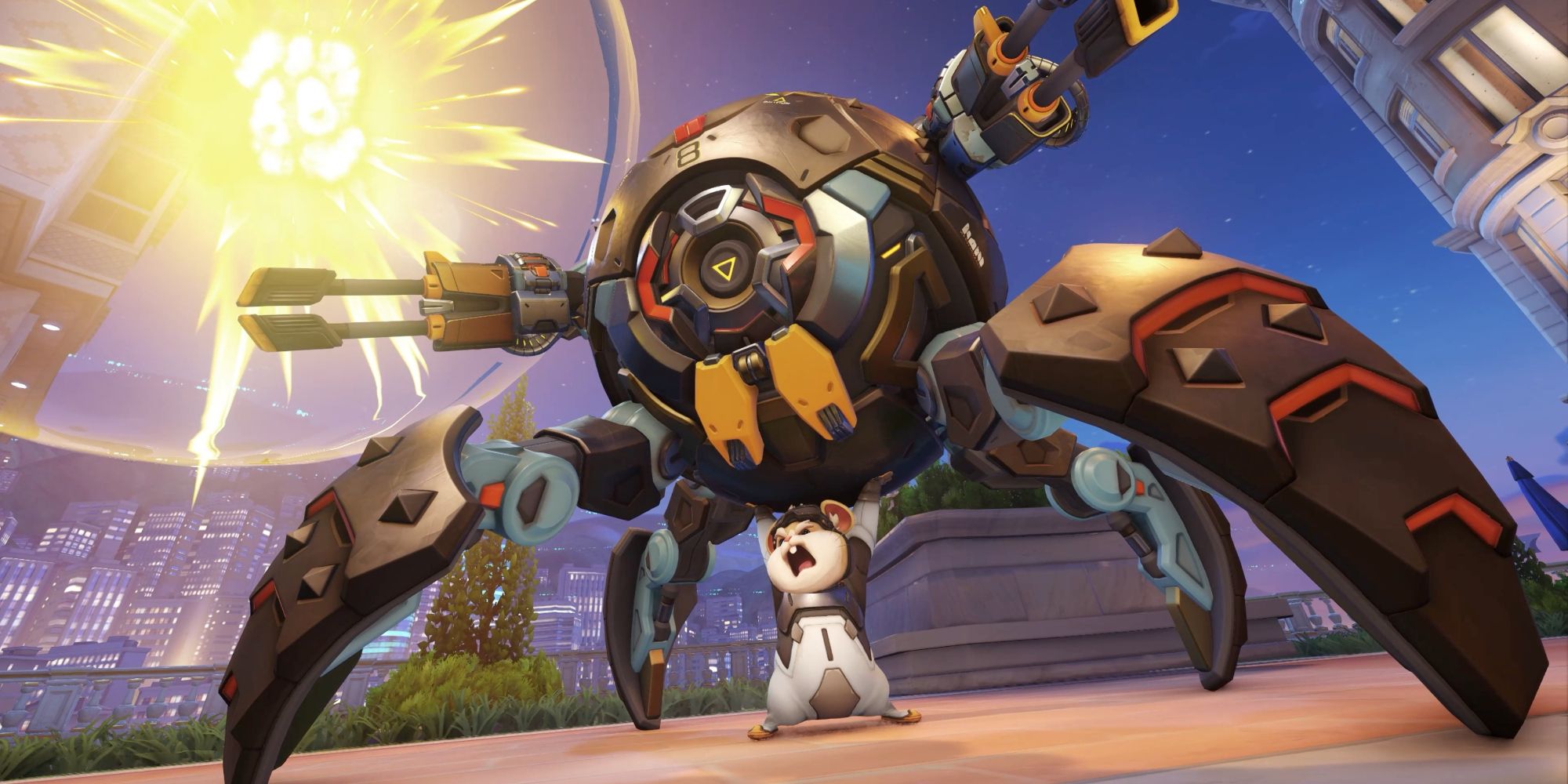 Wrecking Ball in Overwatch 2, Hammond holding up his mechanical hamster ball.