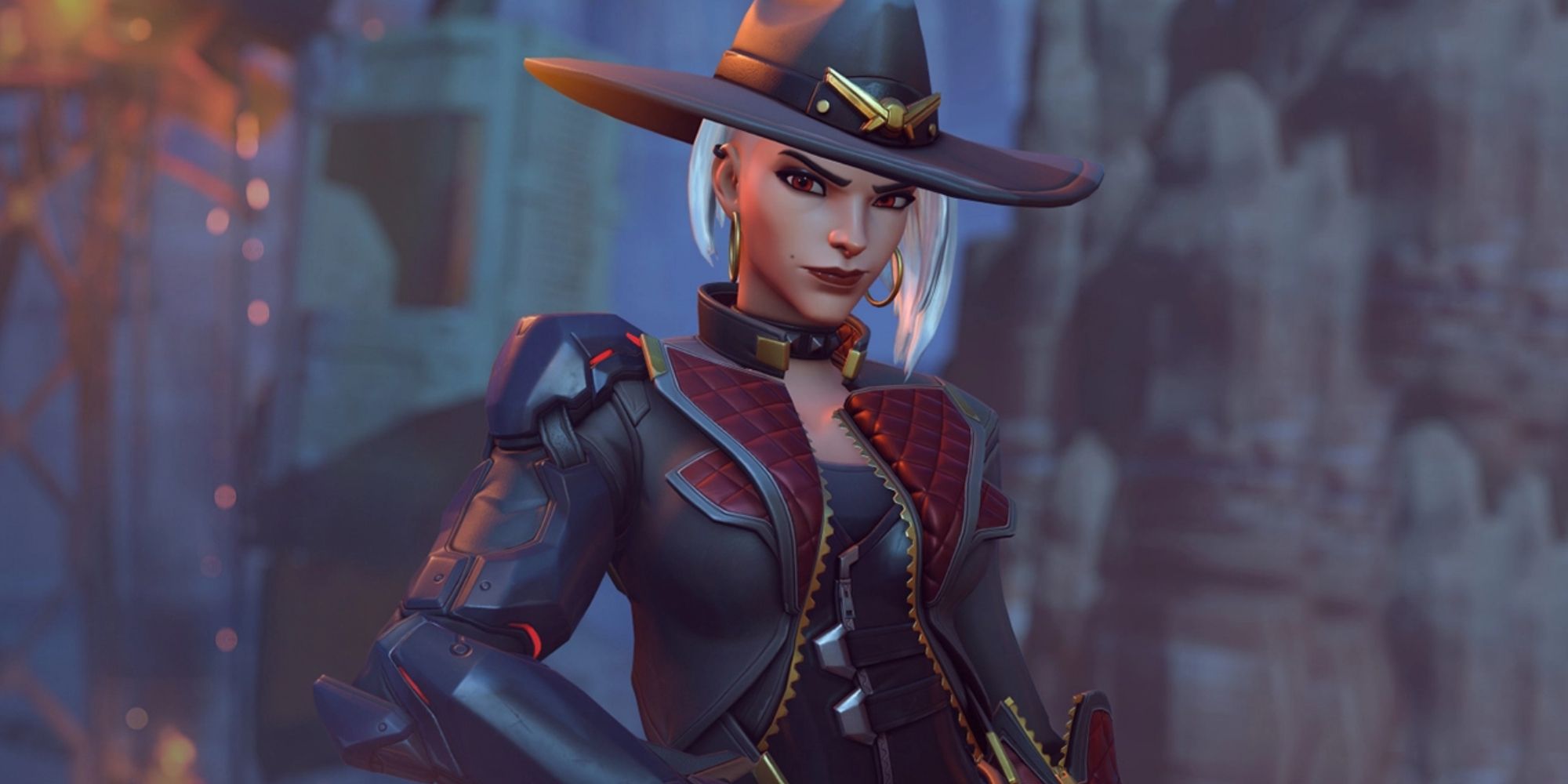 Ashe in Overwatch 2 looking towards the camera with a serious expression.