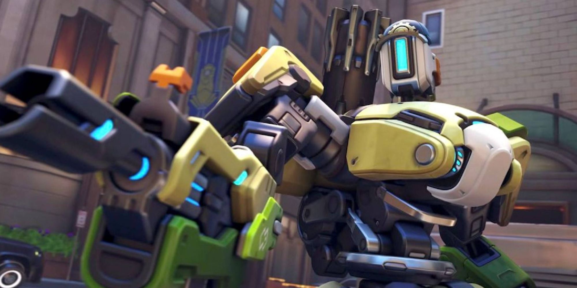 Bastion in Overwatch 2 up close pose aiming off screen.