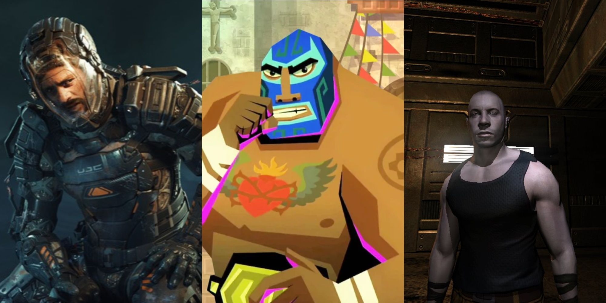 Collage image of the lead characters of The Callisto Protocol, Guacamelee, and The Chronicles of Riddick games.