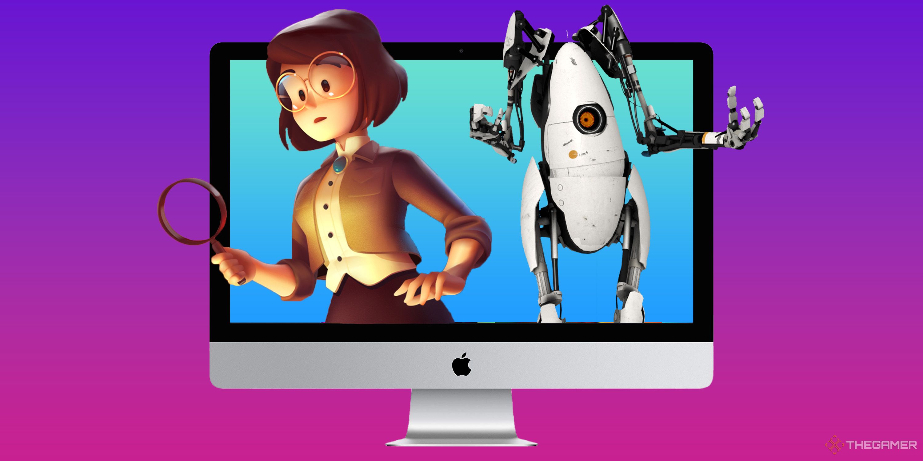 A detective from Escape Simulator and P-Body from Portal 2 emerging from an iMac.