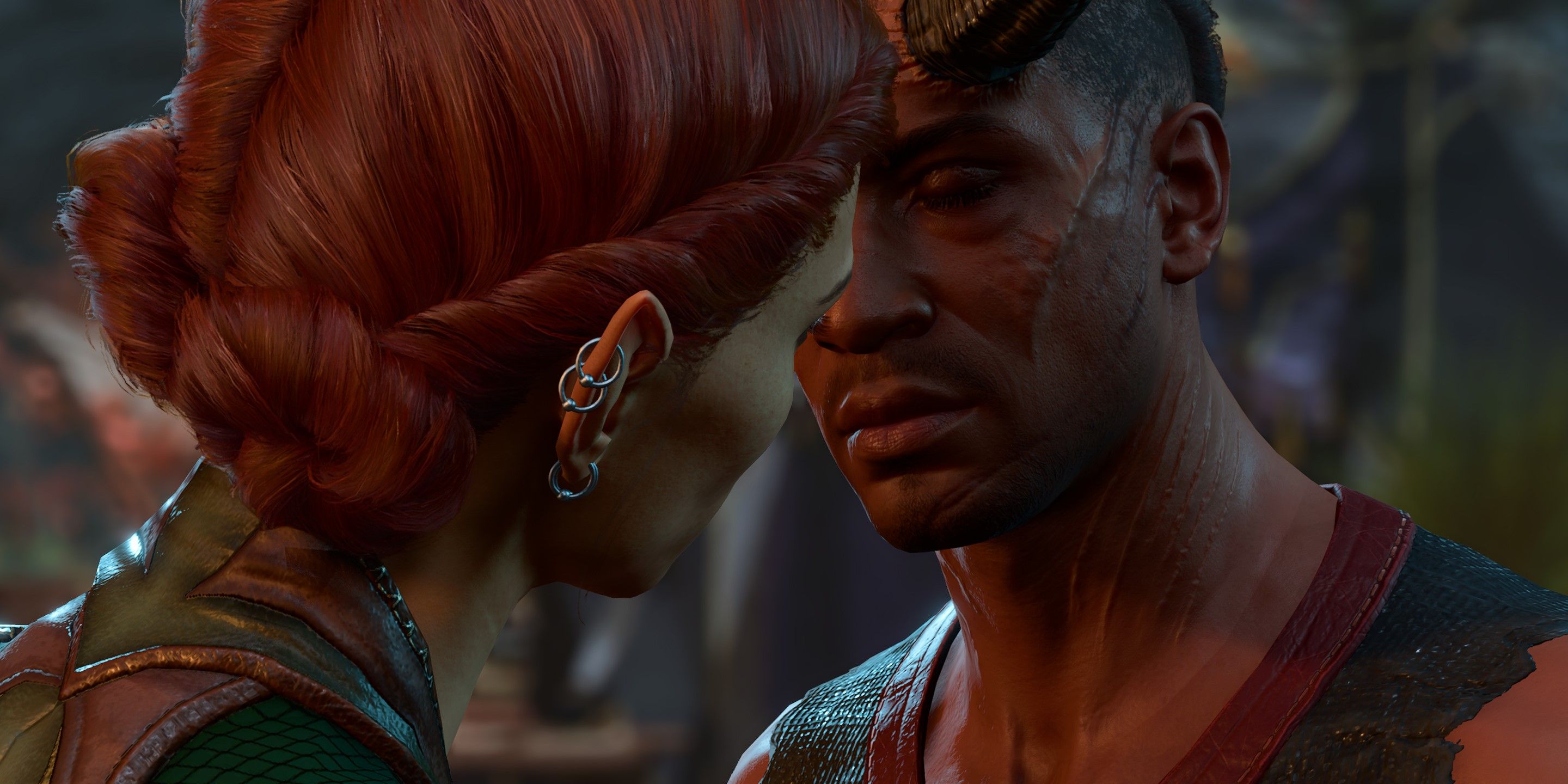 Baldur's Gate 3 screenshot of the player character kissing Wyll.