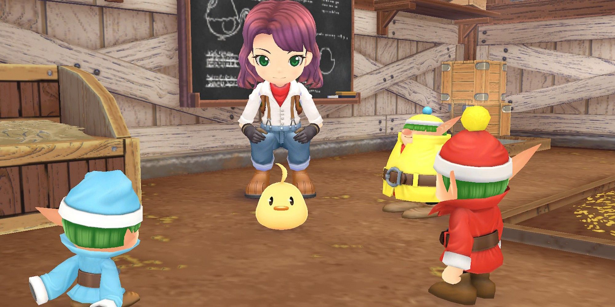 Nature Sprites and a farmer watching a baby chick hatch in Story of Seasons: A Wonderful Life.