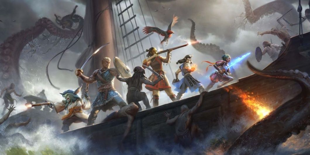 Pillars of Eternity 2: Deadfire image of a bunch of characters with different weapons fighting on a ship.